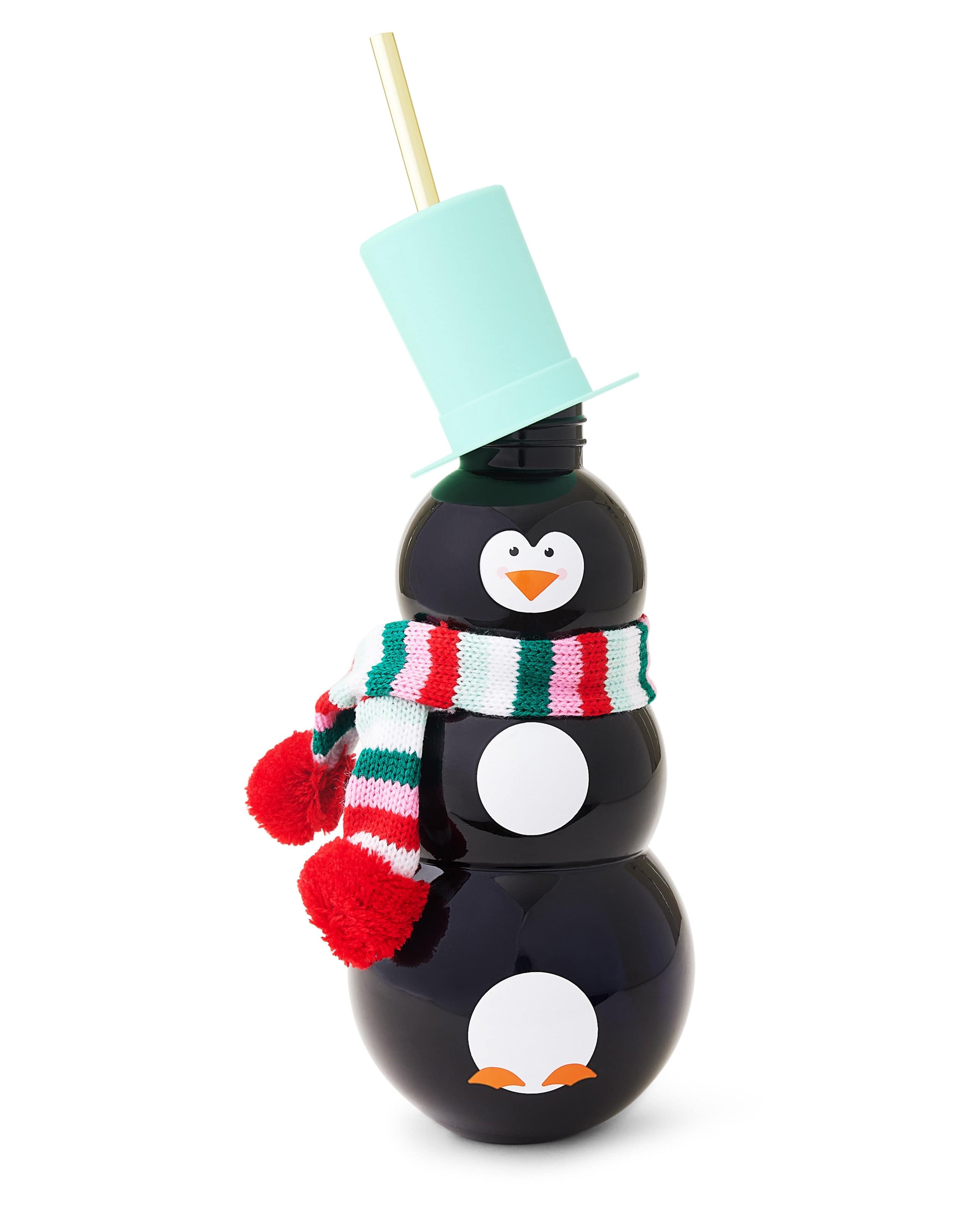 Open Penguin Sipper with removable scarf shot against white background. 