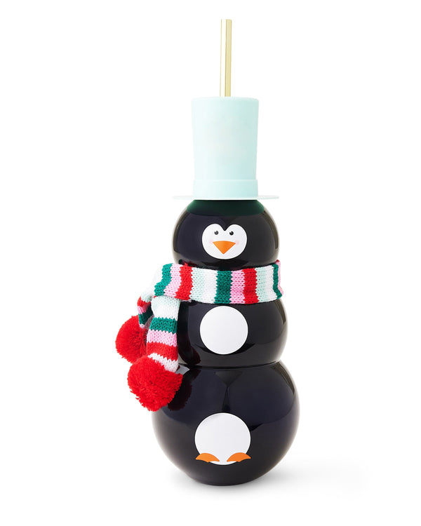Black penguin sipper cup with mint colored top hat, gold straw, and striped scarf.