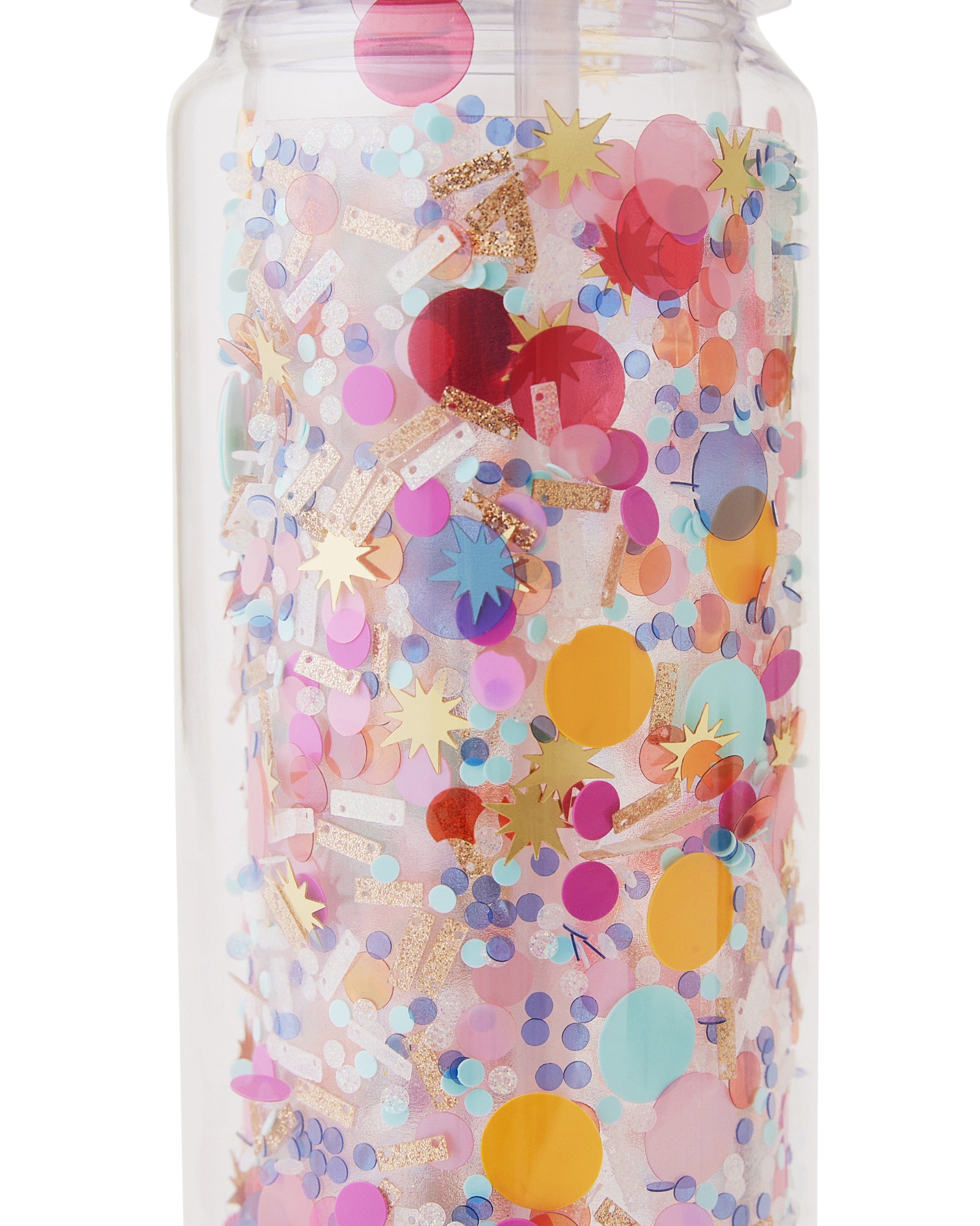 Closeup of celebrate confetti featuring pinks, yellows, red, blue, gold and more!