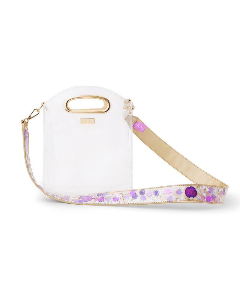 Purple confetti detachable purse strap for stadium approved clear bags with gold leatherette and detailing.