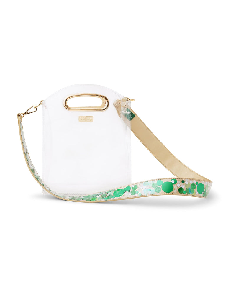 Green confetti detachable purse strap for stadium approved clear bags with gold leatherette and detailing.
