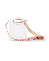 Red confetti detachable purse strap for stadium approved clear bags with gold leatherette and detailing.