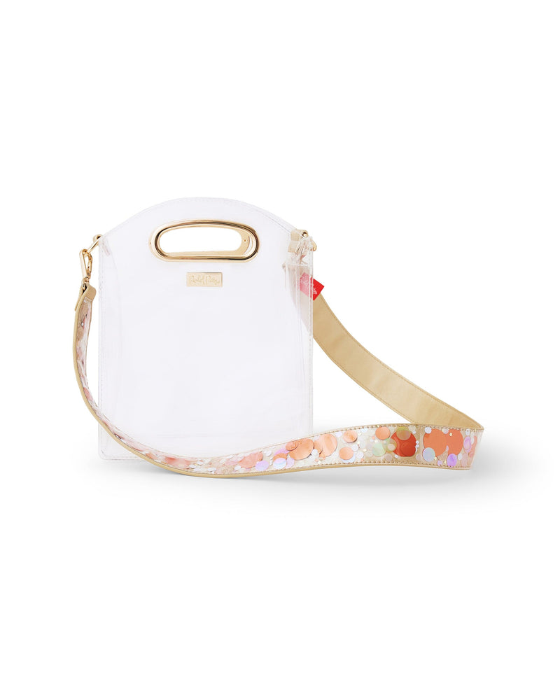 Orange confetti detachable purse strap for stadium approved clear bags with gold leatherette and detailing.