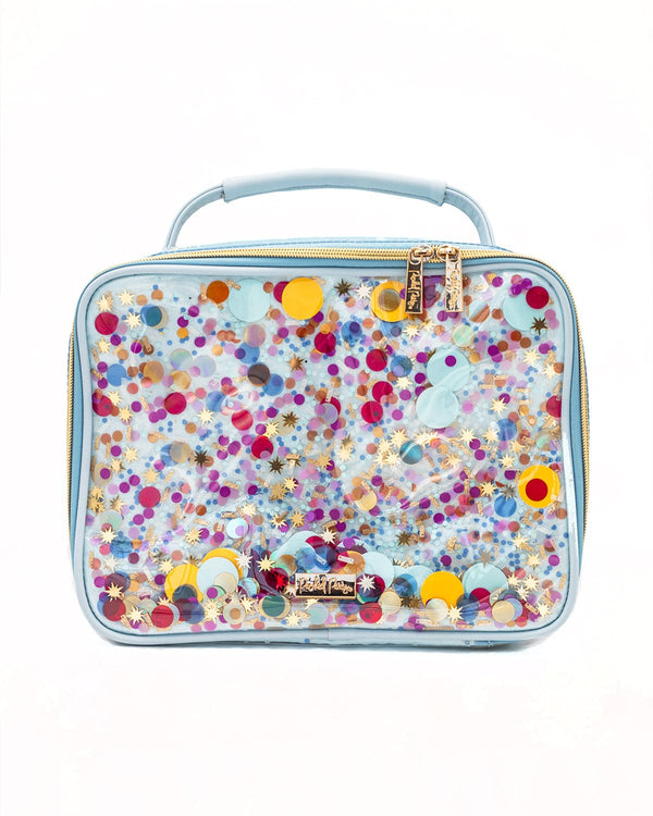 A light blue confetti lunchbox with a gold zipper.