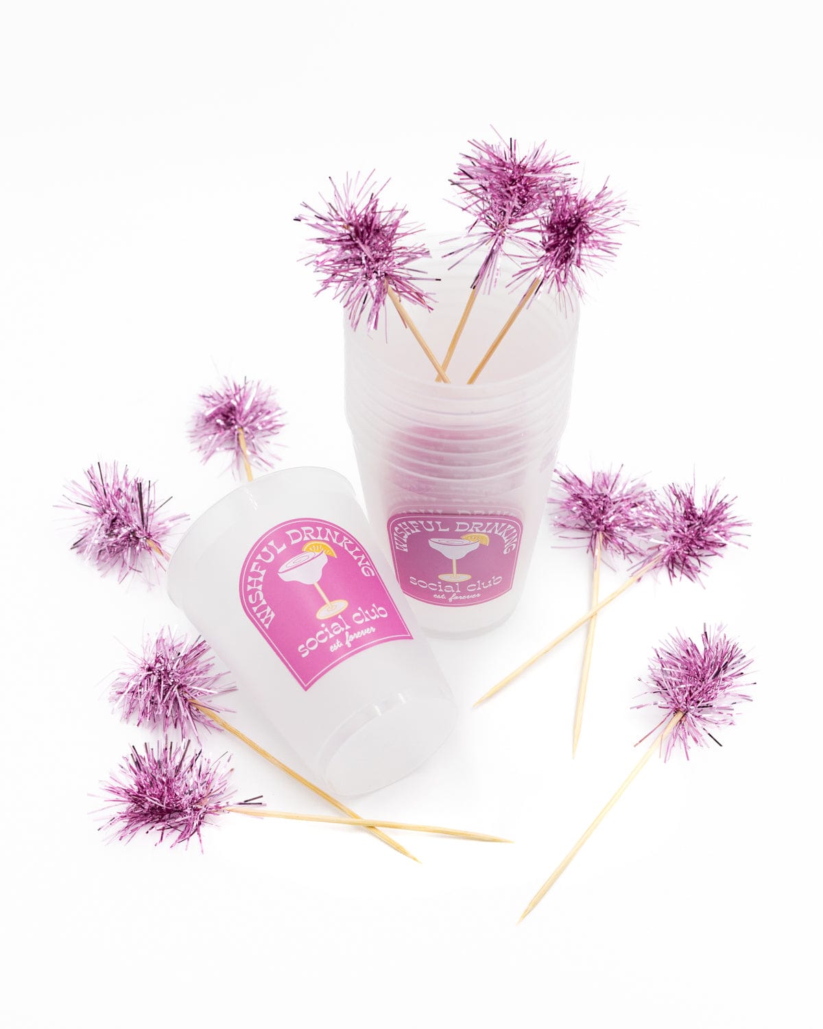 Wishful Drinking Reusable Party Cups with Pom Stirs (Set of 10)
