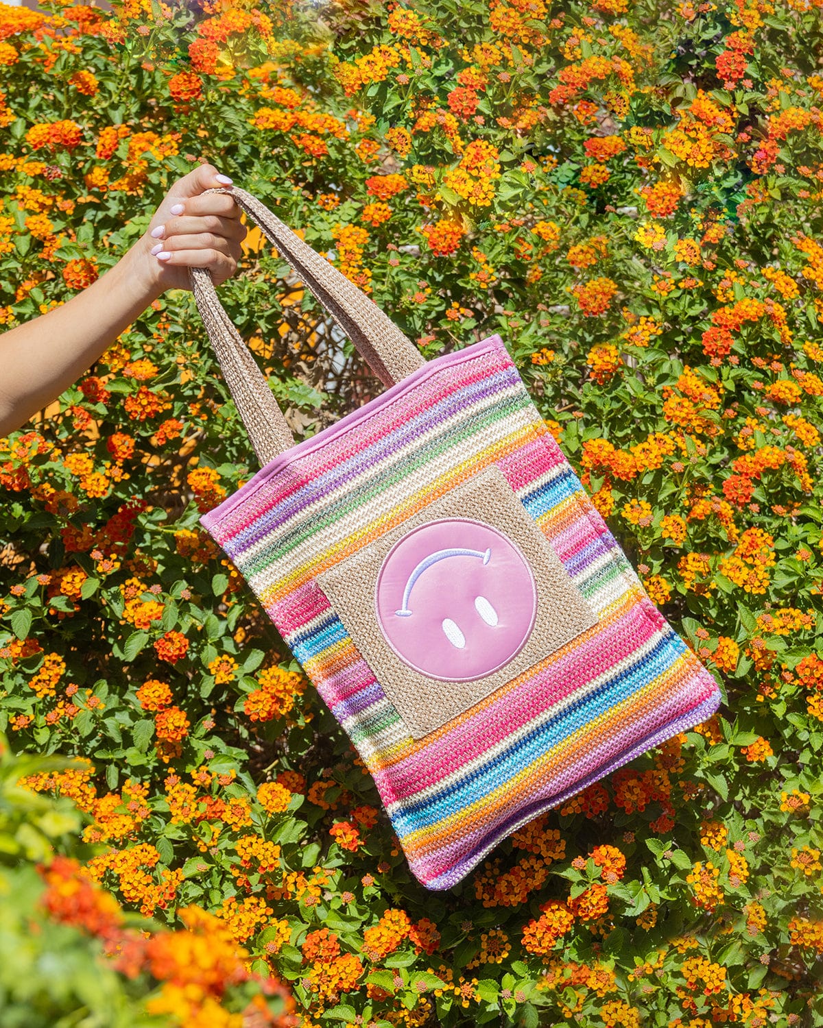 Smiley Woven Rainbow Tote