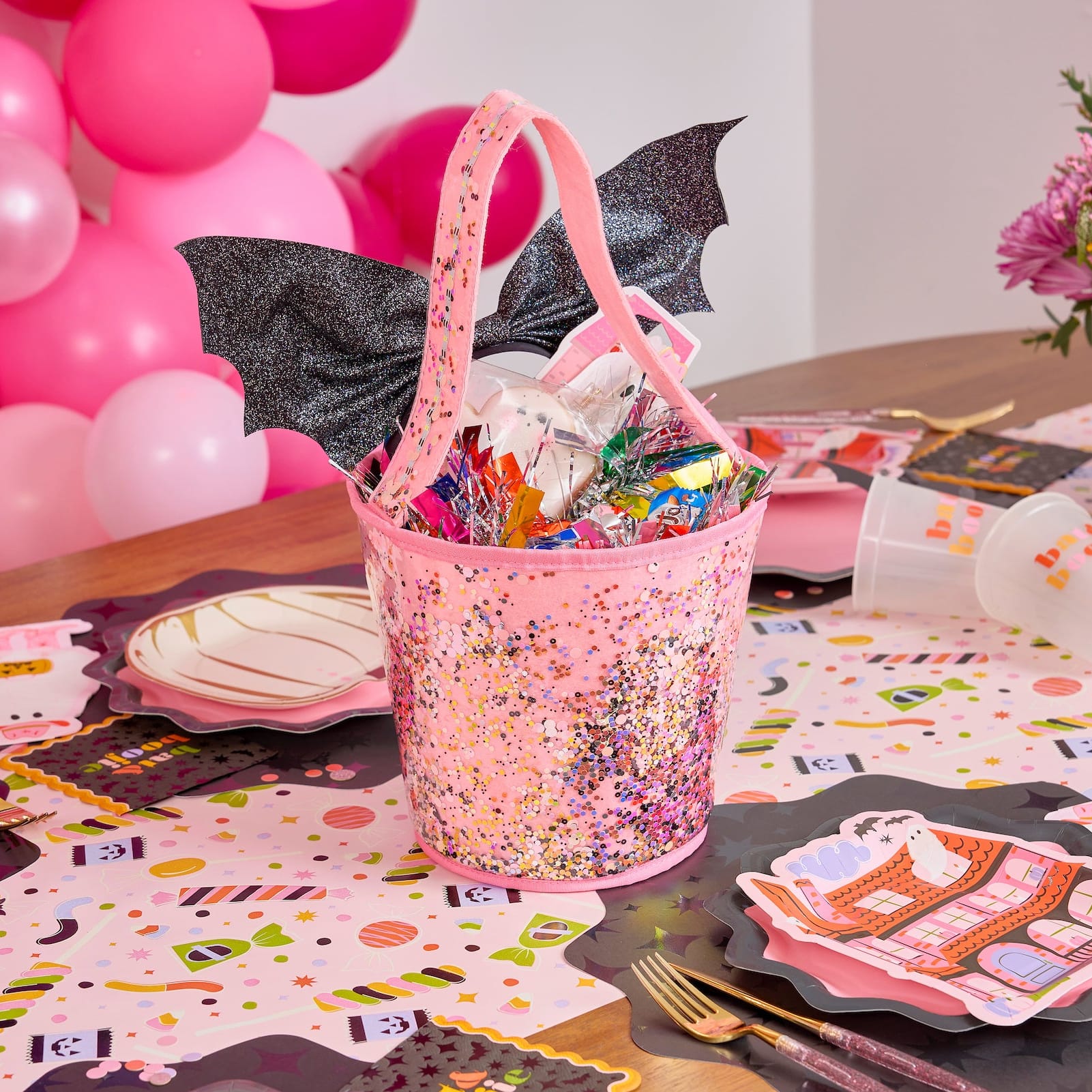 *Light Up* Confetti Trick-or-Treat Pink Halloween Candy Bucket