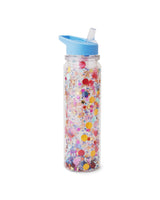 Sipper water bottle clear and covered in confetti. Light blue cap and trapped confetti.