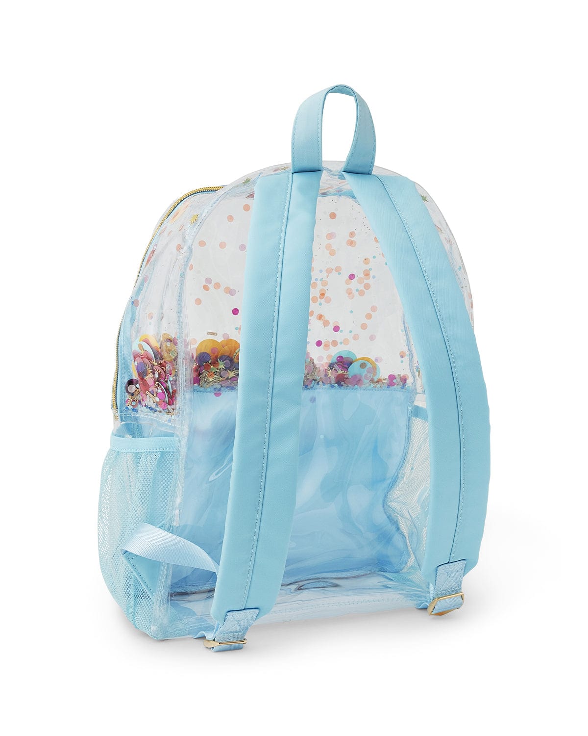 Nylon light blue straps with luxe gold hardware on vinyl backpack