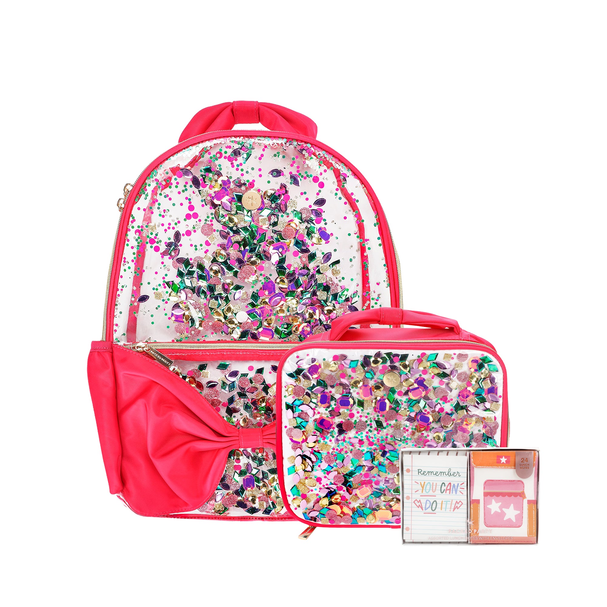 Bow & Jewel Confetti Clear Backpack Bundle (Backpack, Lunchbox & Notes)