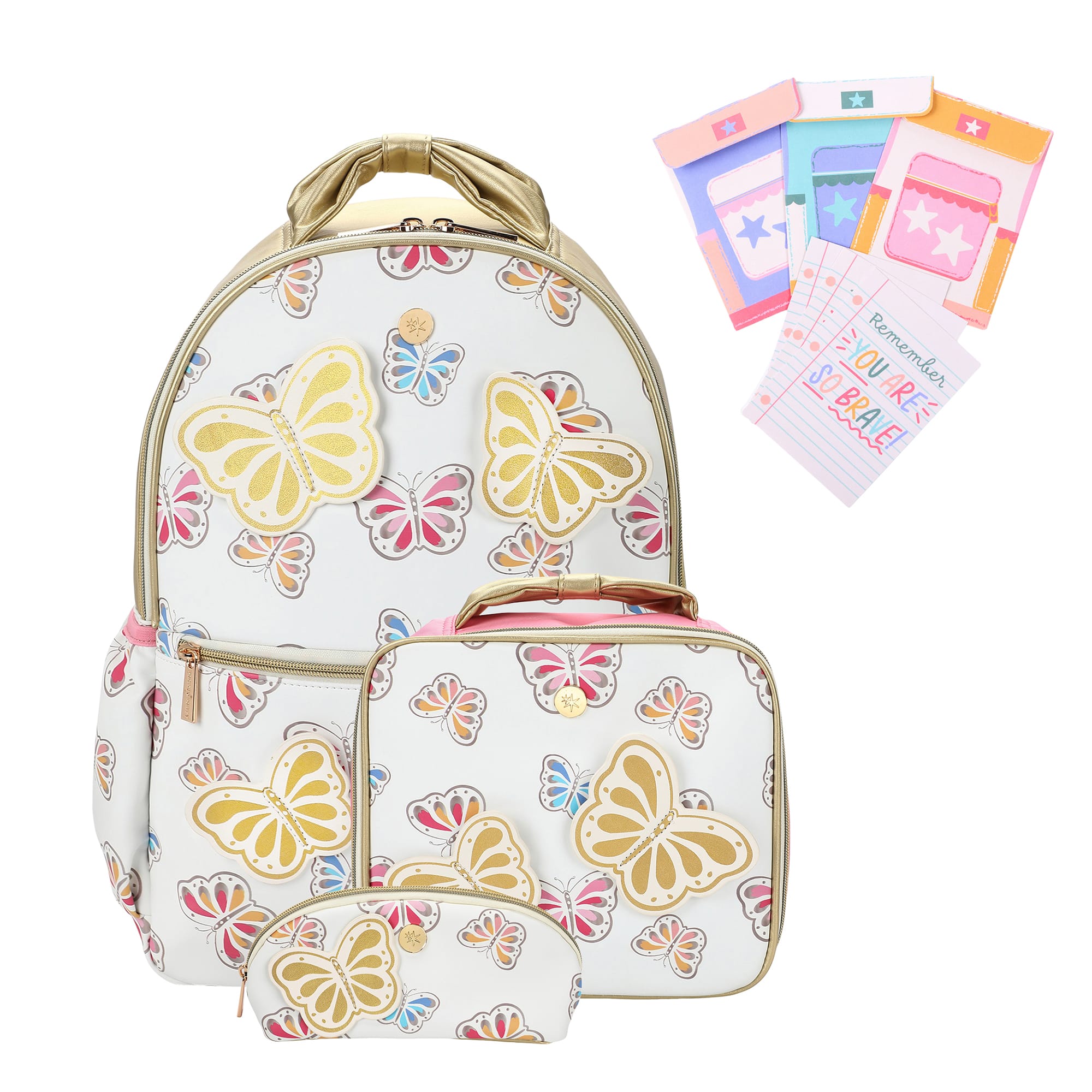 Gold Butterfly Backpack Bundle (Backpack, Lunchbox, Pouch, & Notes)