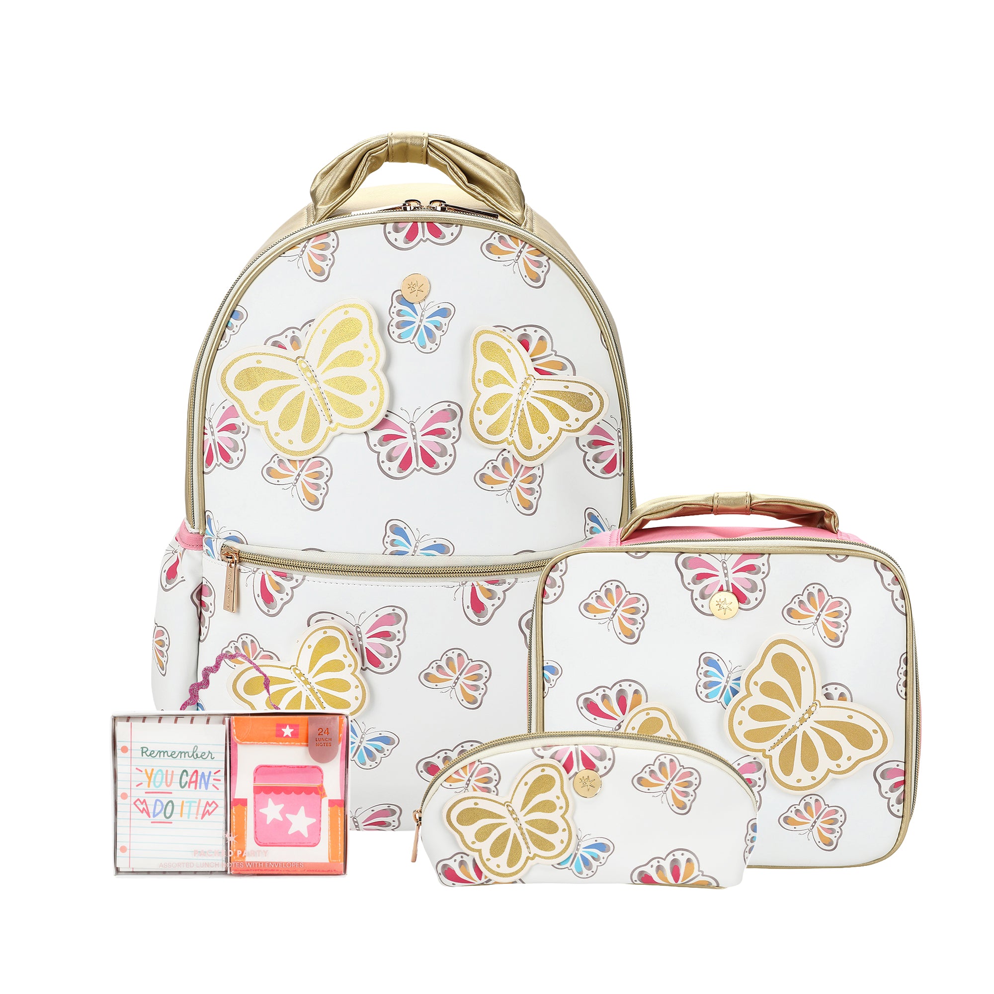 Gold Butterfly Backpack Bundle (Backpack, Lunchbox, Pouch, & Notes)