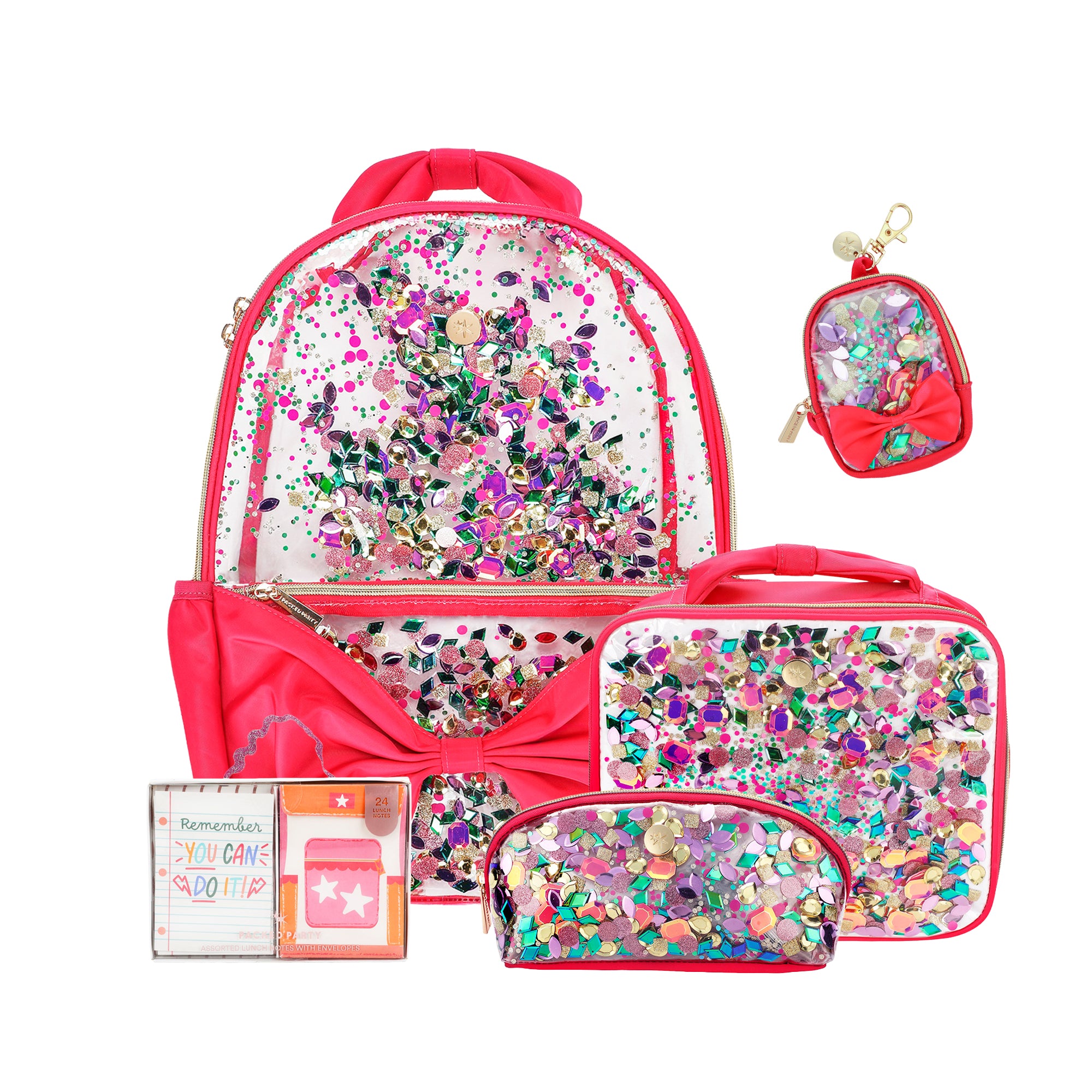 Bow & Jewel Confetti Clear Backpack Bundle (Backpack, Lunchbox, Pouch, Bag Charm & Notes)