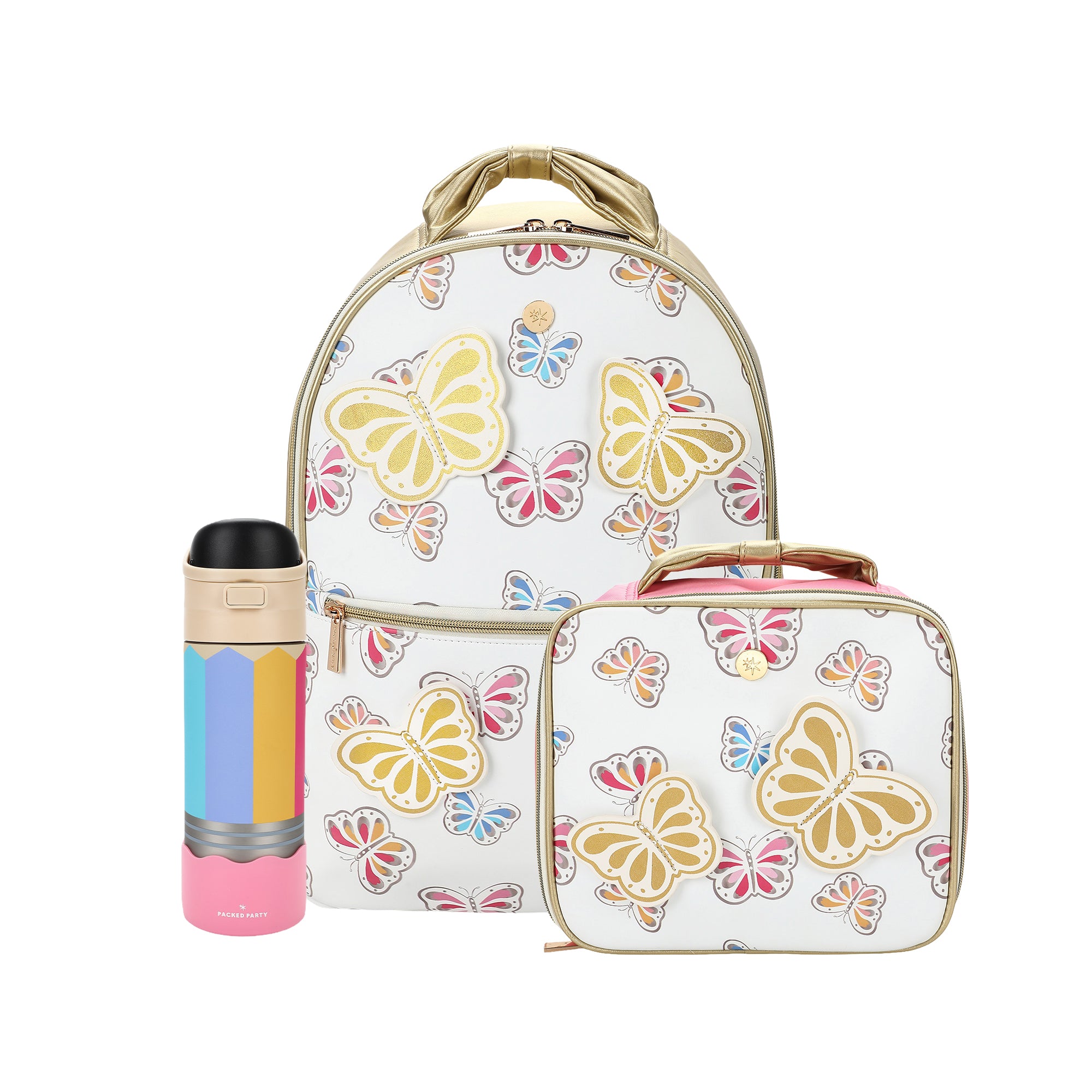 Gold Butterfly Backpack Bundle (Backpack, Lunchbox, Water Bottle, & Notes)