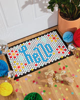Rubber door mat with hello saying, made from customizable hexagon tiles. 