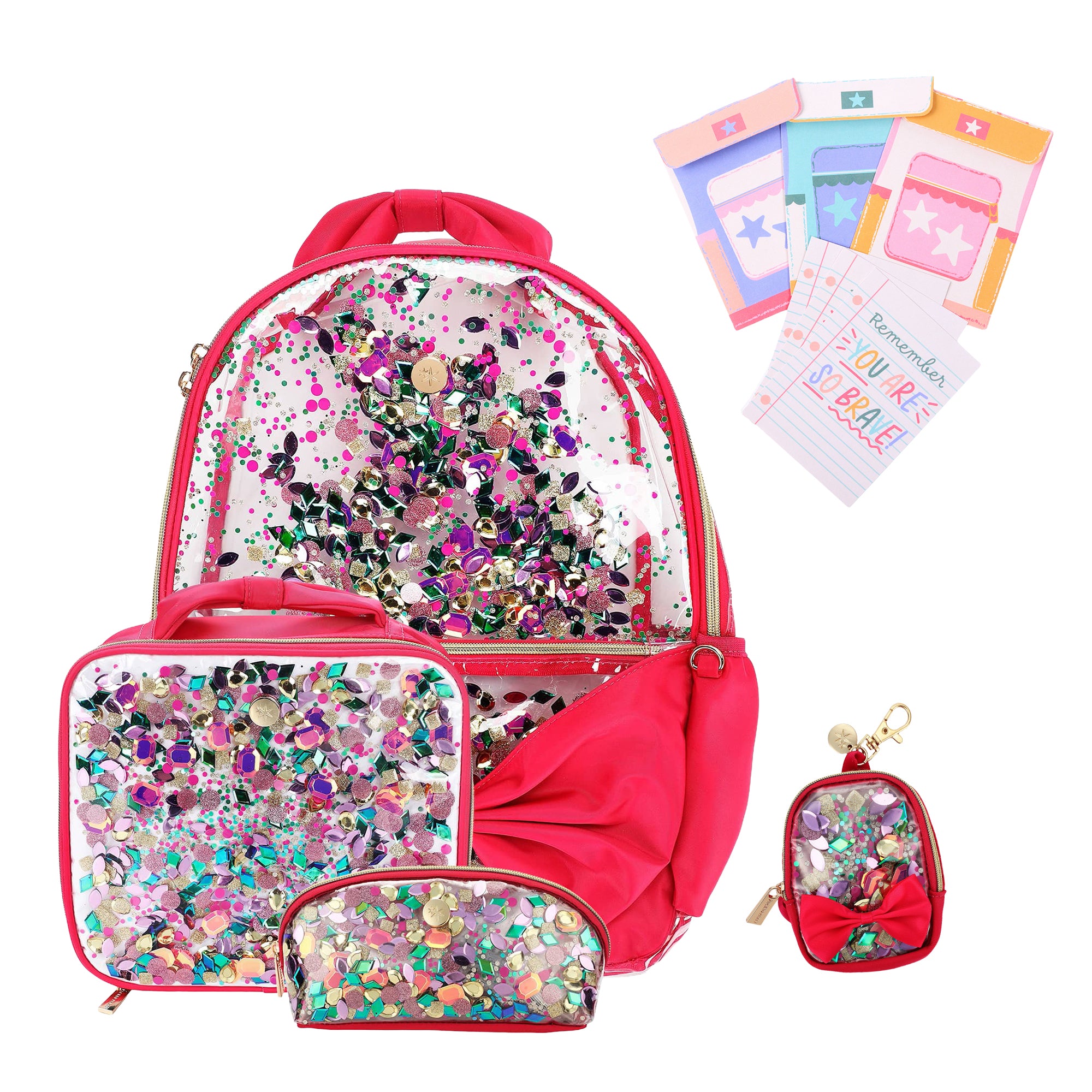 Bow & Jewel Confetti Clear Backpack Bundle (Backpack, Lunchbox, Pouch, Bag Charm & Notes)