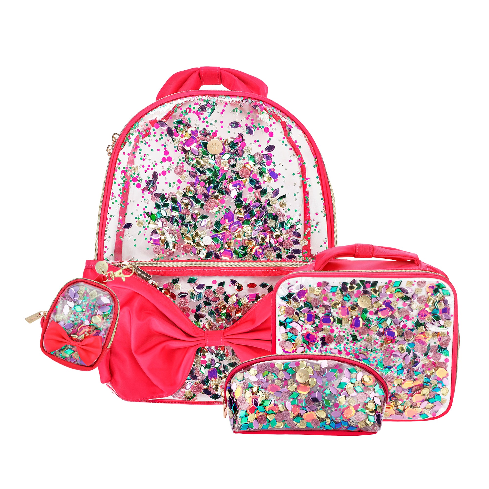 Bow & Jewel Confetti Clear Backpack Bundle (Backpack, Lunchbox, Pouch, & Bag Charm)