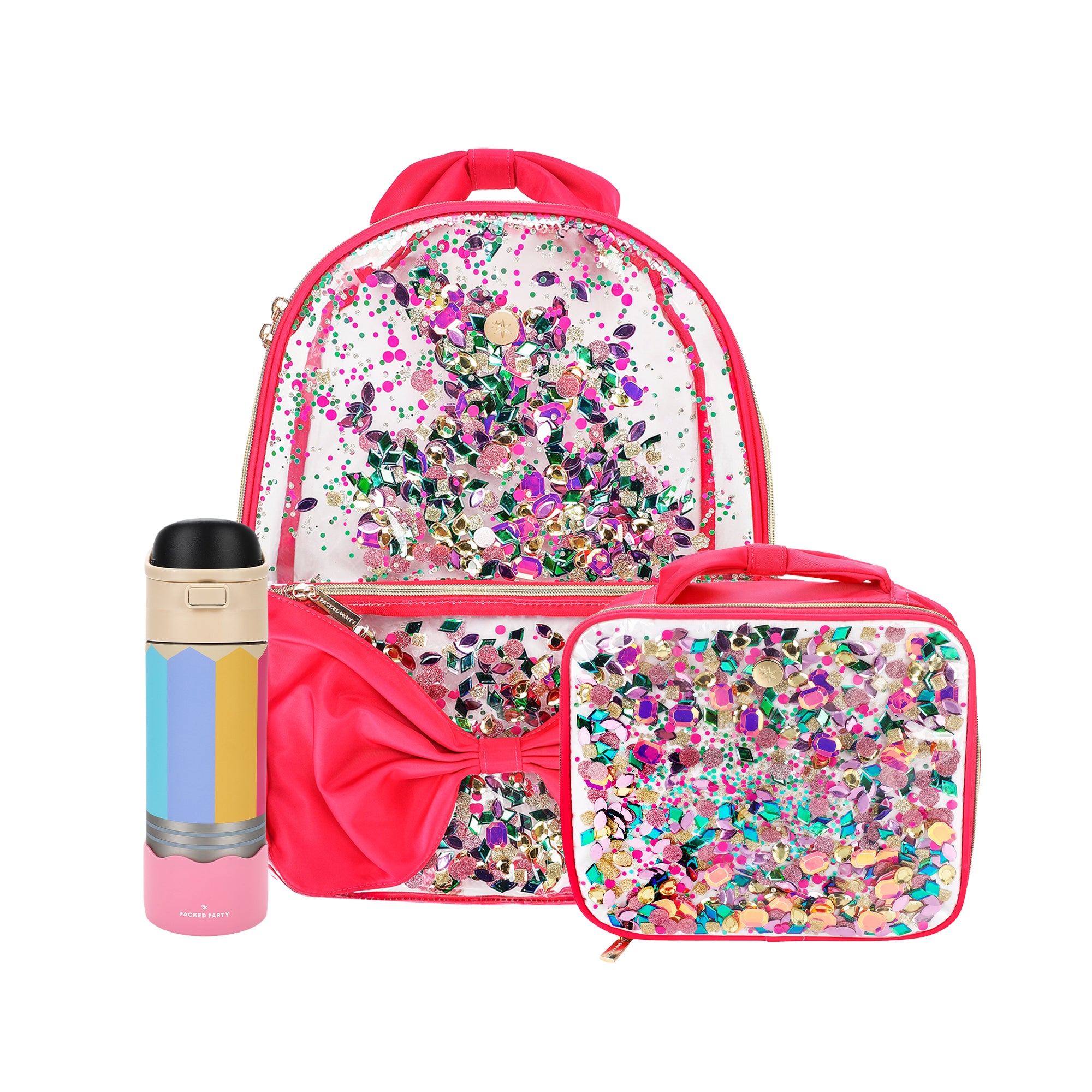 Bow & Jewel Confetti Backpack Bundle (Backpack, Lunchbox, & Water Bottle)