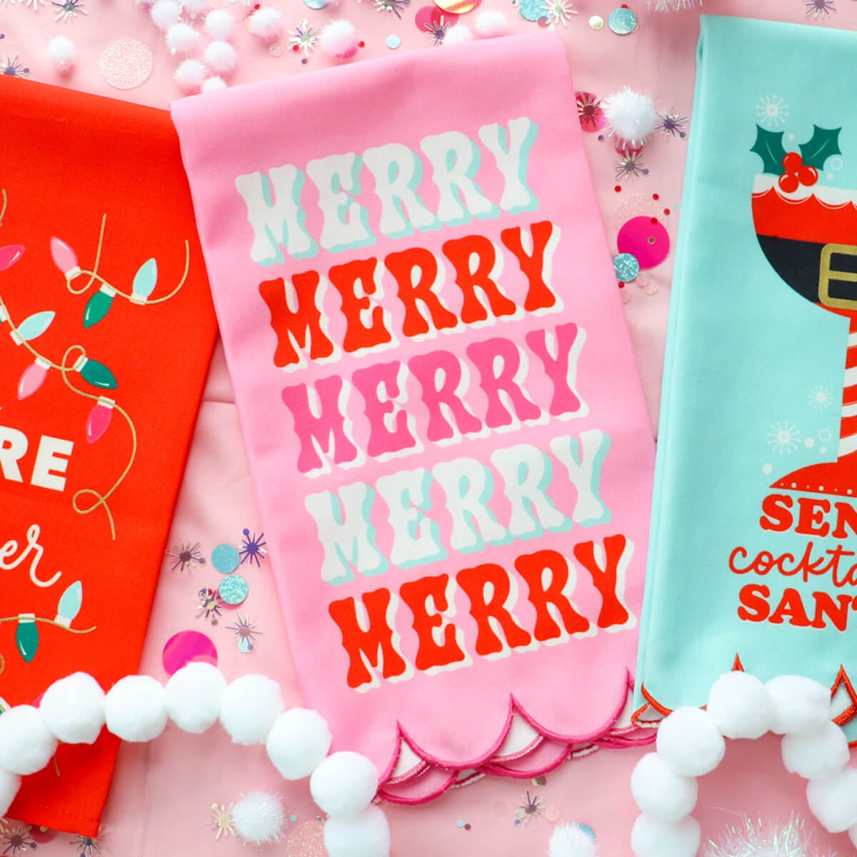 Merry Merry Merry tea towel with other tea towels