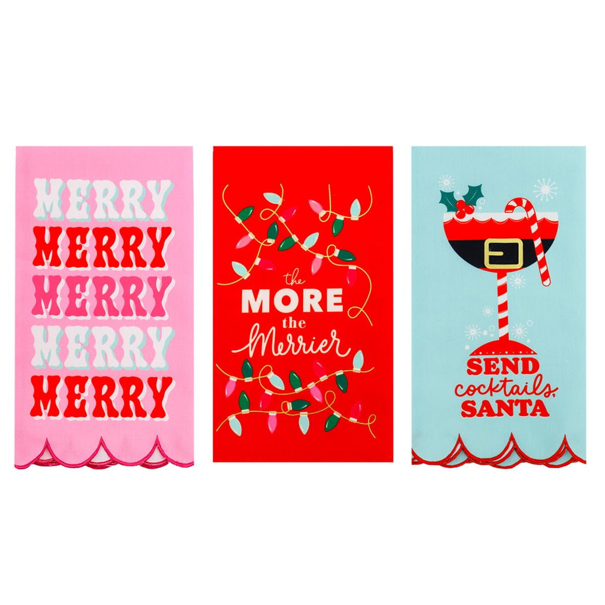 Holiday Tea Towel Bundle including Merry Merry Merry, The More the Merrier, and Send Cocktails, Santa tea towels