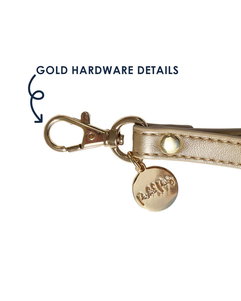 Gold hardware details on wristlet detachable strap.