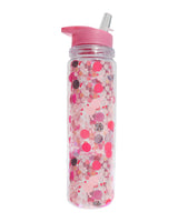Clear plastic reusable water bottle with pink confetti