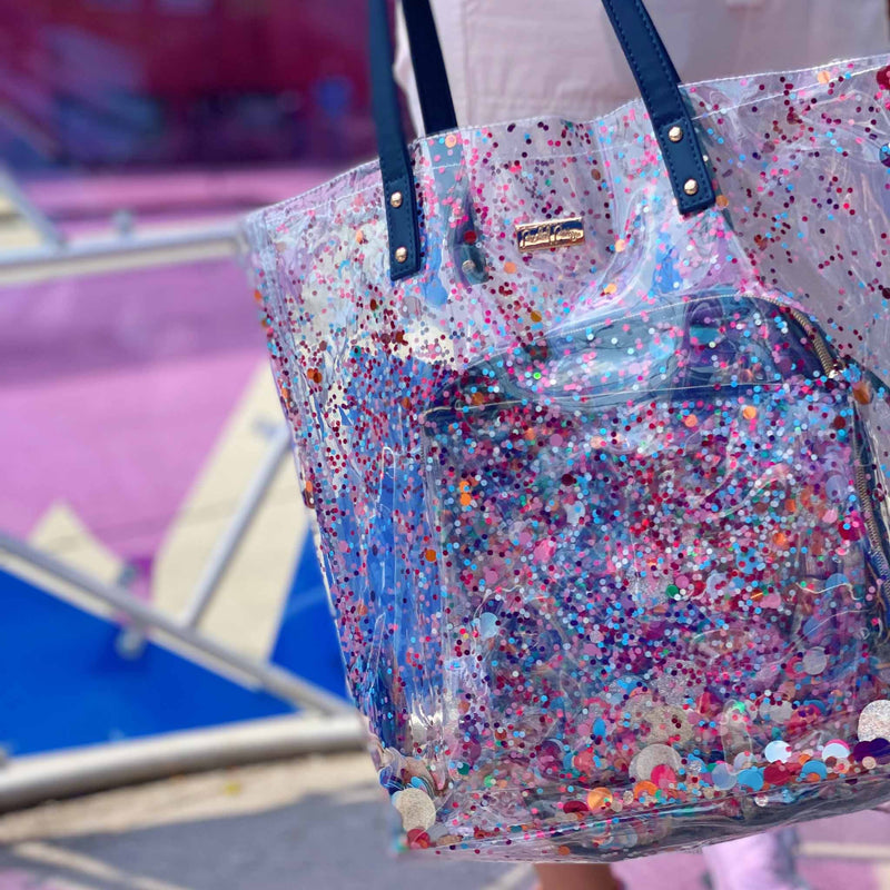 Close up of a cute blue confetti tote